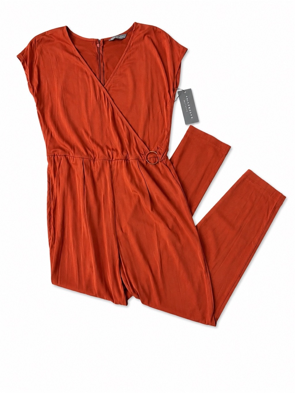Sharagano NWT Burnt Orange Wrap Jumpsuit Women’s Size 10 Cap Sleeve Belted V-Nec